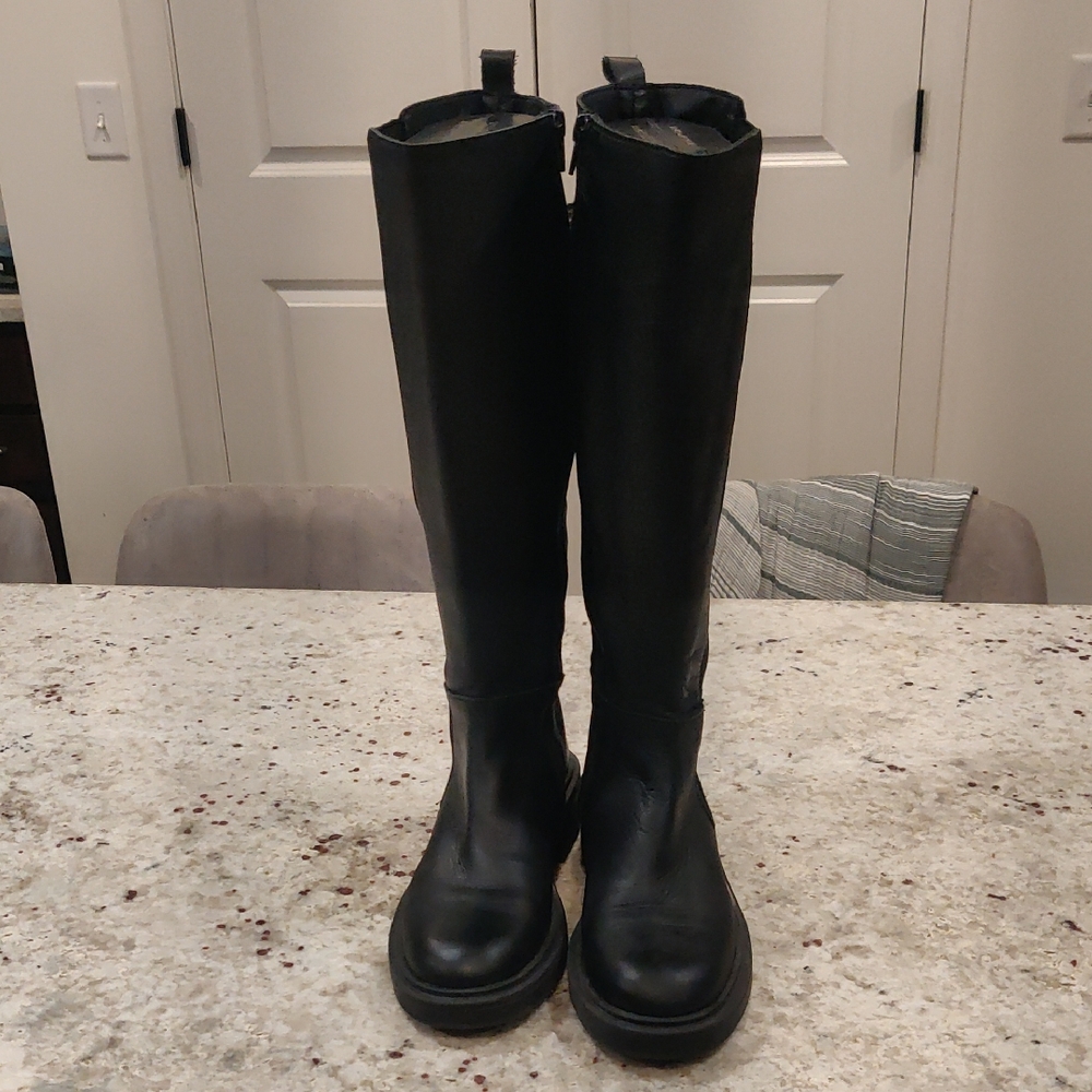 Black Leather Knee-High Boots Retro Y2K Cottagecore Winter Outdoors Block Heel